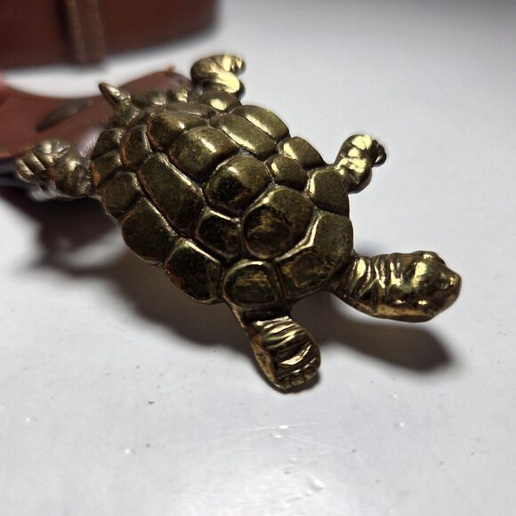 Vtg Turtle Belt Buckle Rawhide Leather Belt 29\